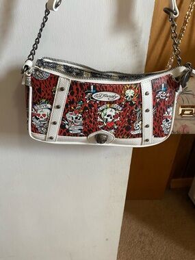 Ed Hardy Red Tattoo-Print Crossbody with White Trim Carried once